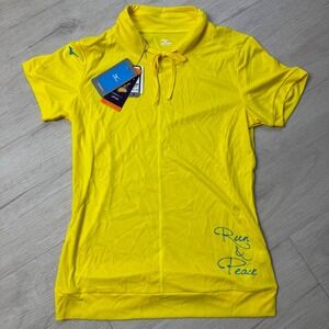Mizuno Women's Yellow Short Sleeve Golf Tennis Polo Shirt Run Peace UPF 25 L